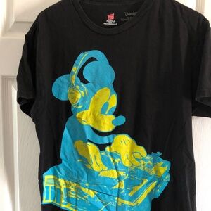 Walt Disney World Men L Faded Black Neon DJ DeeJay Mickey Mouse Tee T-Shirt Nano